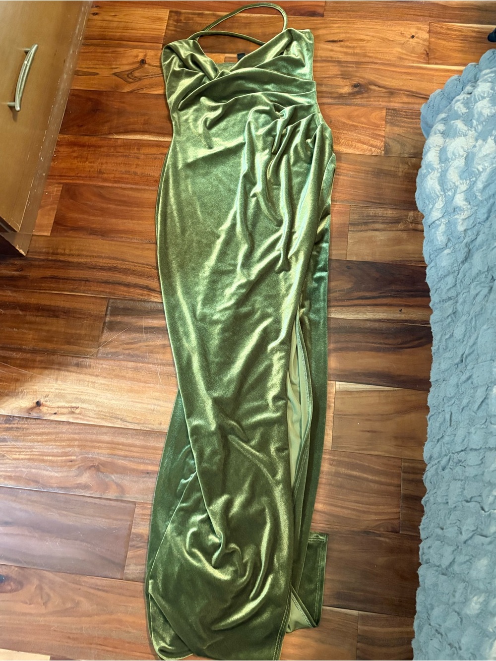 Windsor Olive Green Velvet Maxi Dress Large Cowl Neck Side Slit (1333)